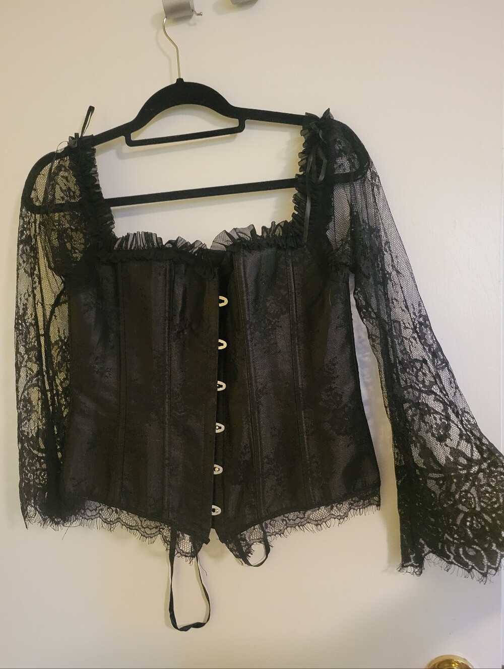 Black Lace Corset Top with Sheer Bell Sleeves